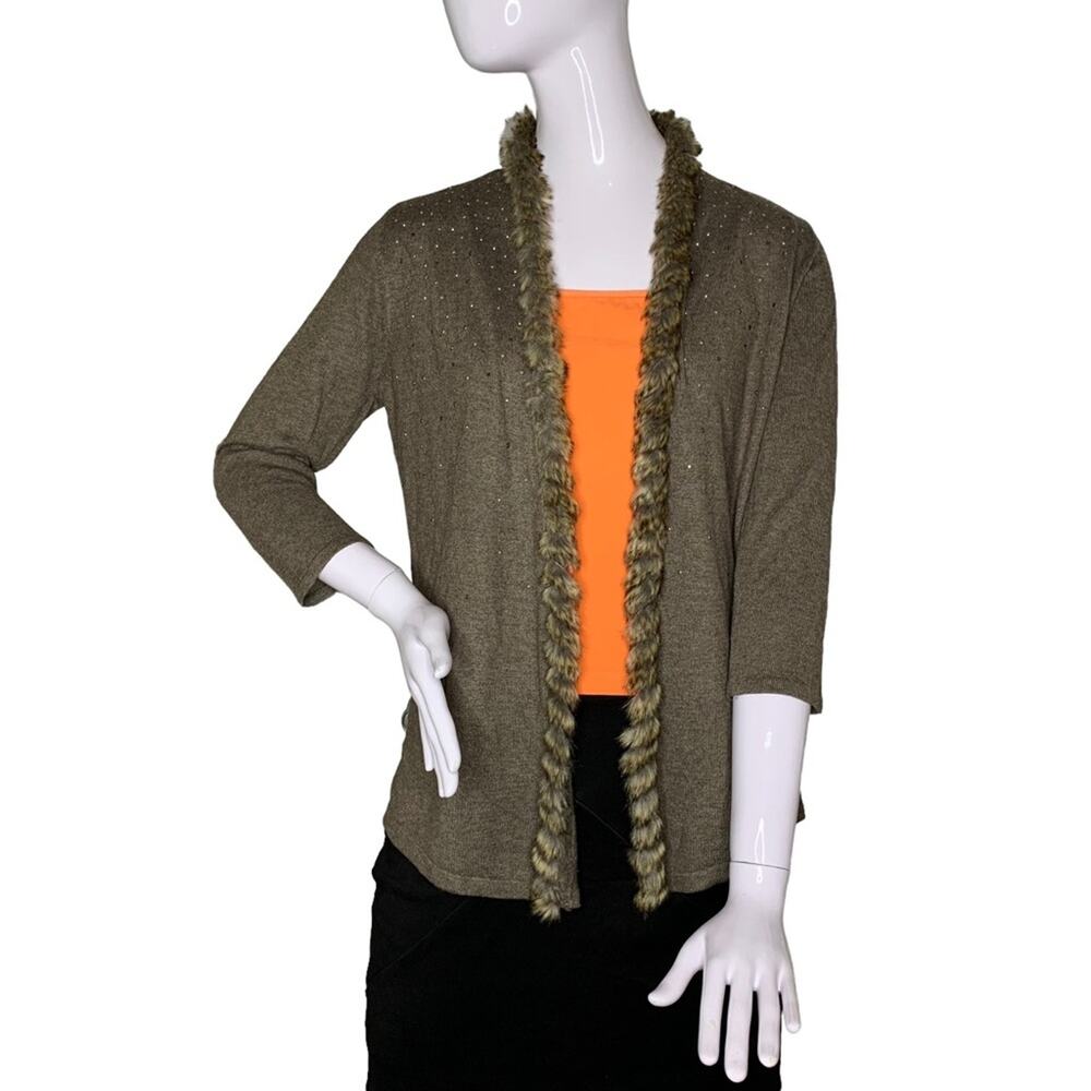 Chico’s Women's Open Cardigan  Furry Neckline Size 0 Small Greenish 3/4 …